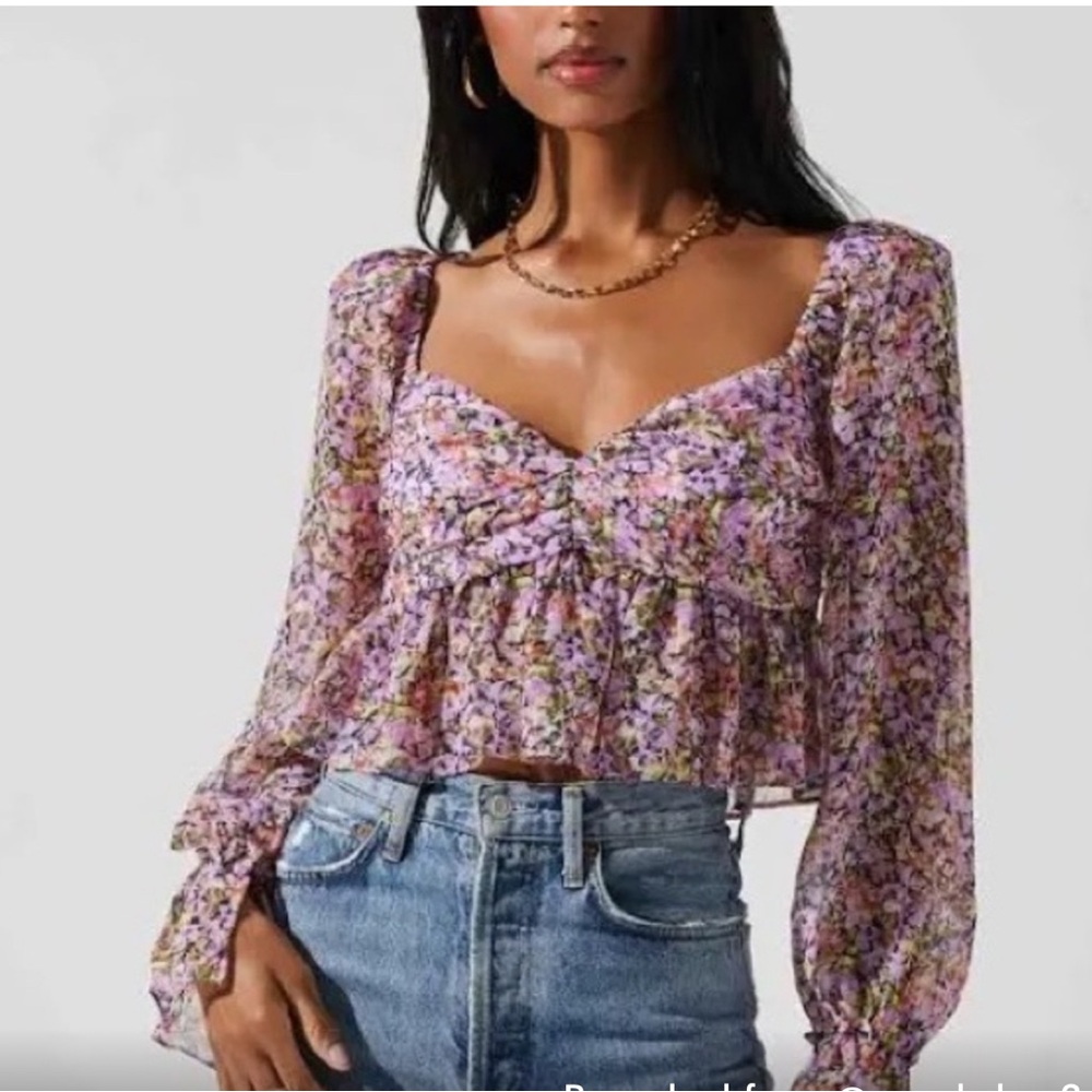 Astr Purple and Pink Crop Blouse with Puff Sleeves and Ruffled Details